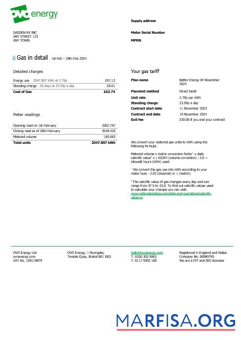 Realistic United Kingdom Ovo Energy business utility bill, Word and PDF template